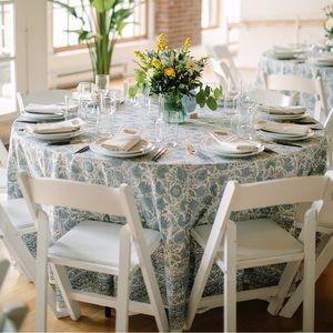 6 tablecloths 120” round, hand made, block print, blue, floral. 100% cotton